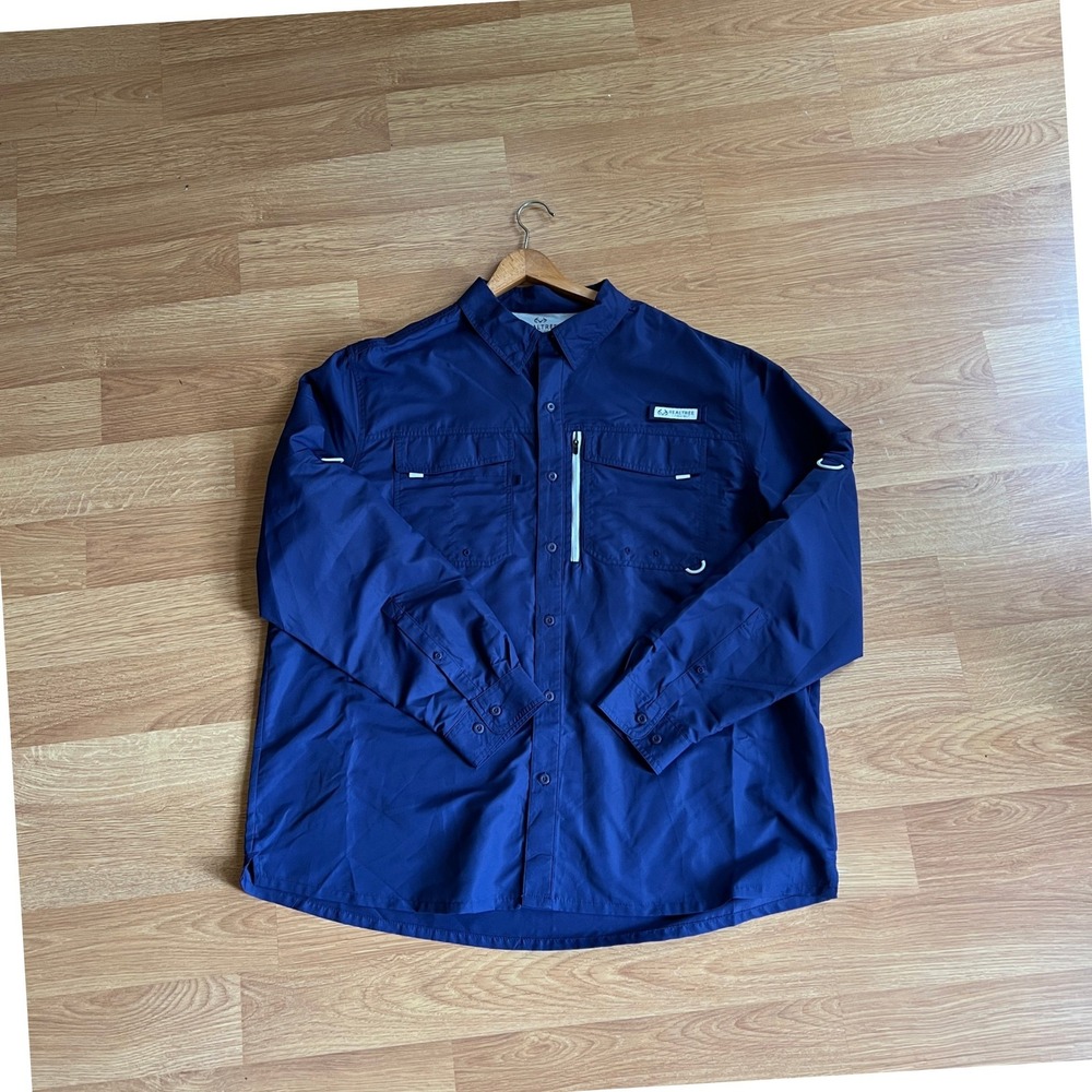 Realtree Fishing Mens 2XL Blue Long Sleeve Button Down Performance Vent Shirt